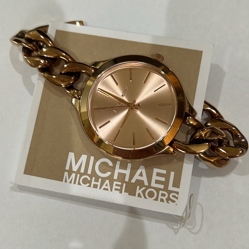 NIB Michael Kors Women’s MK3223 Elena Slim Runway Rose Gold Bracelet Watch